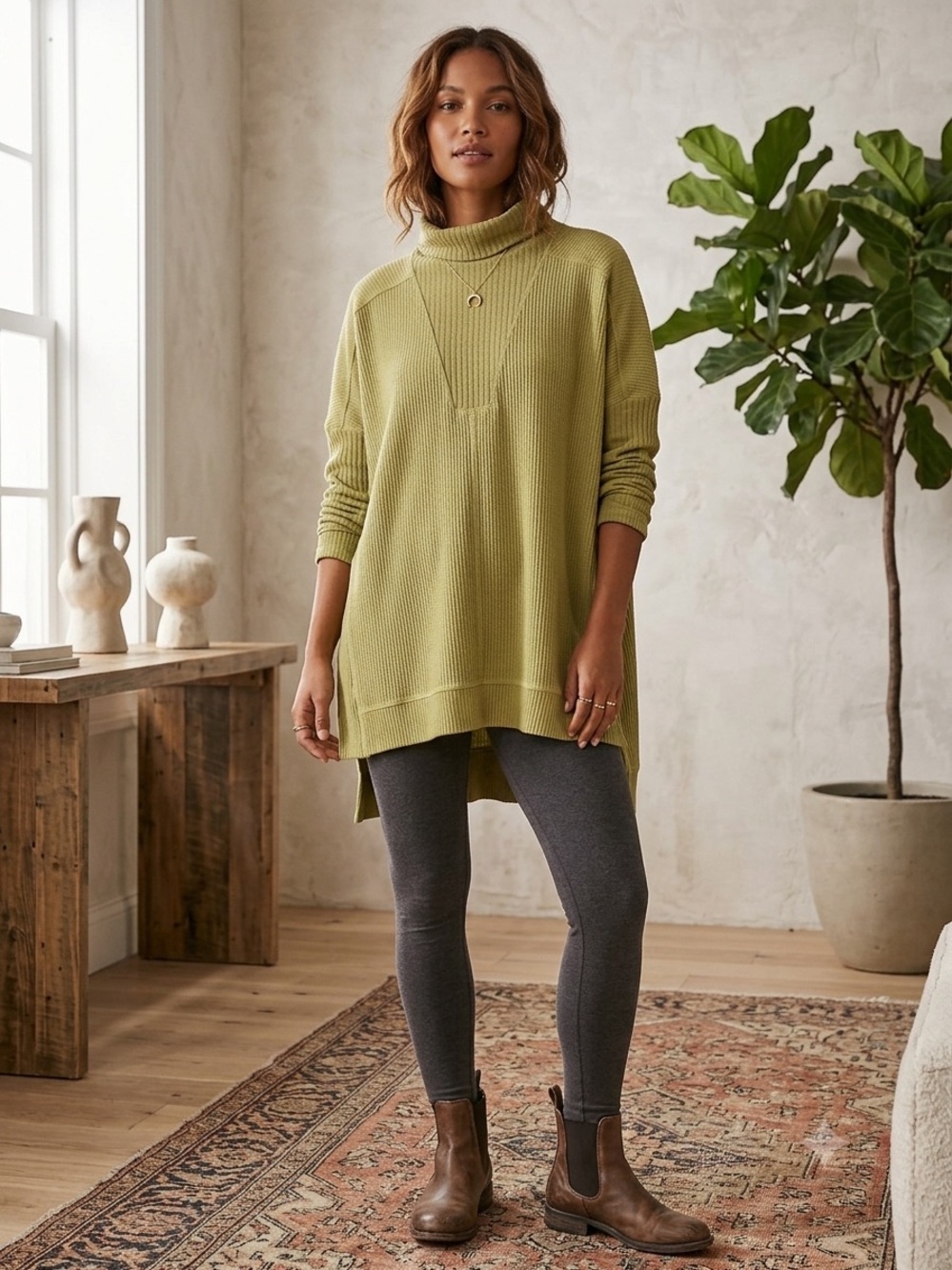 Daily Practice Anthropologie Olive Green Waffle Knit Oversized Cowl Neck Tunic S